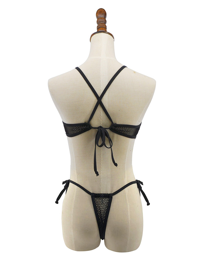 Black Mesh Micro Bikini Crop Top G String Bottom