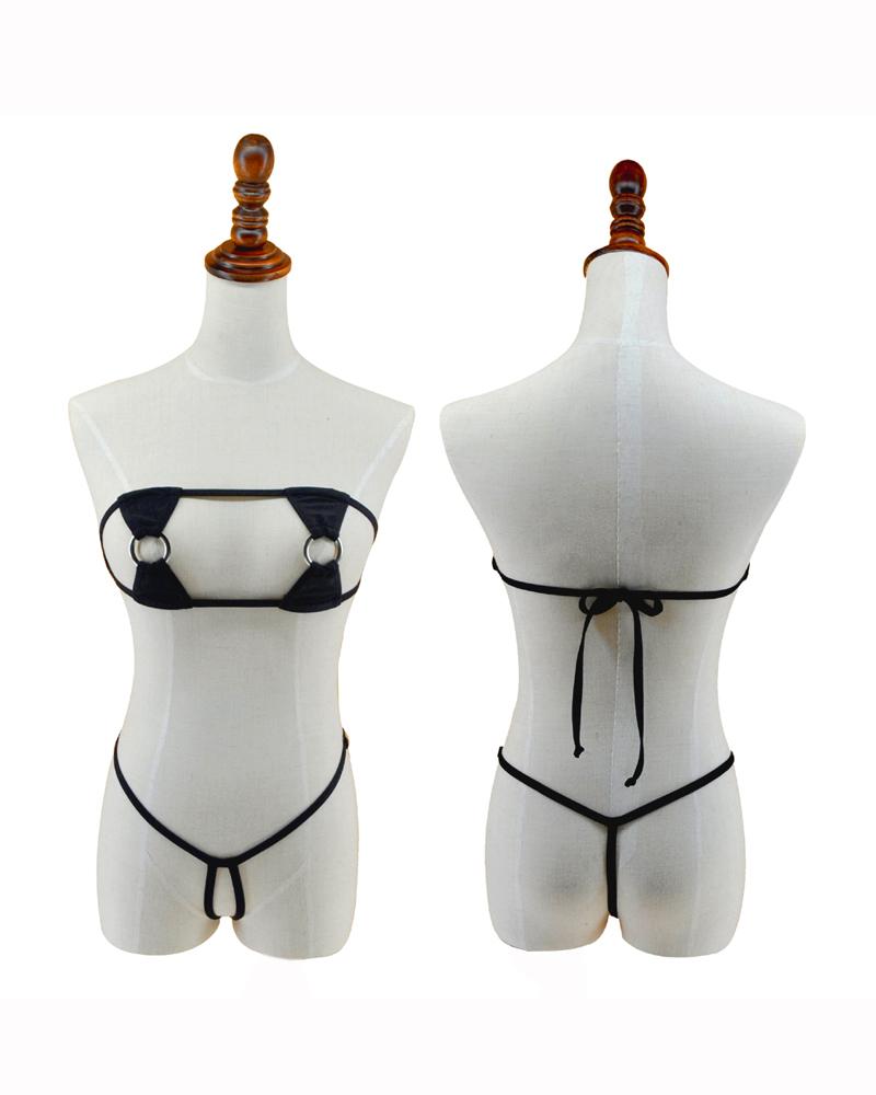 Black Nippleless Extreme Bikini G String Thong Silver Rings