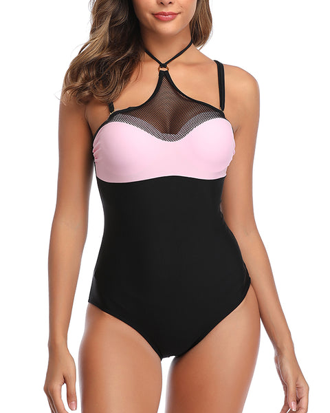 Black Pink High Neck One Piece Bathing Suits for Women Crop Monokini – SHERRYLO  Swimwear