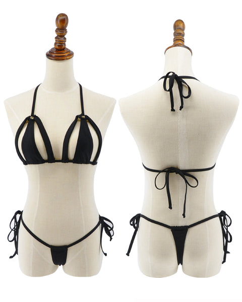Black Side Tie String Thong Micro Bikini Set