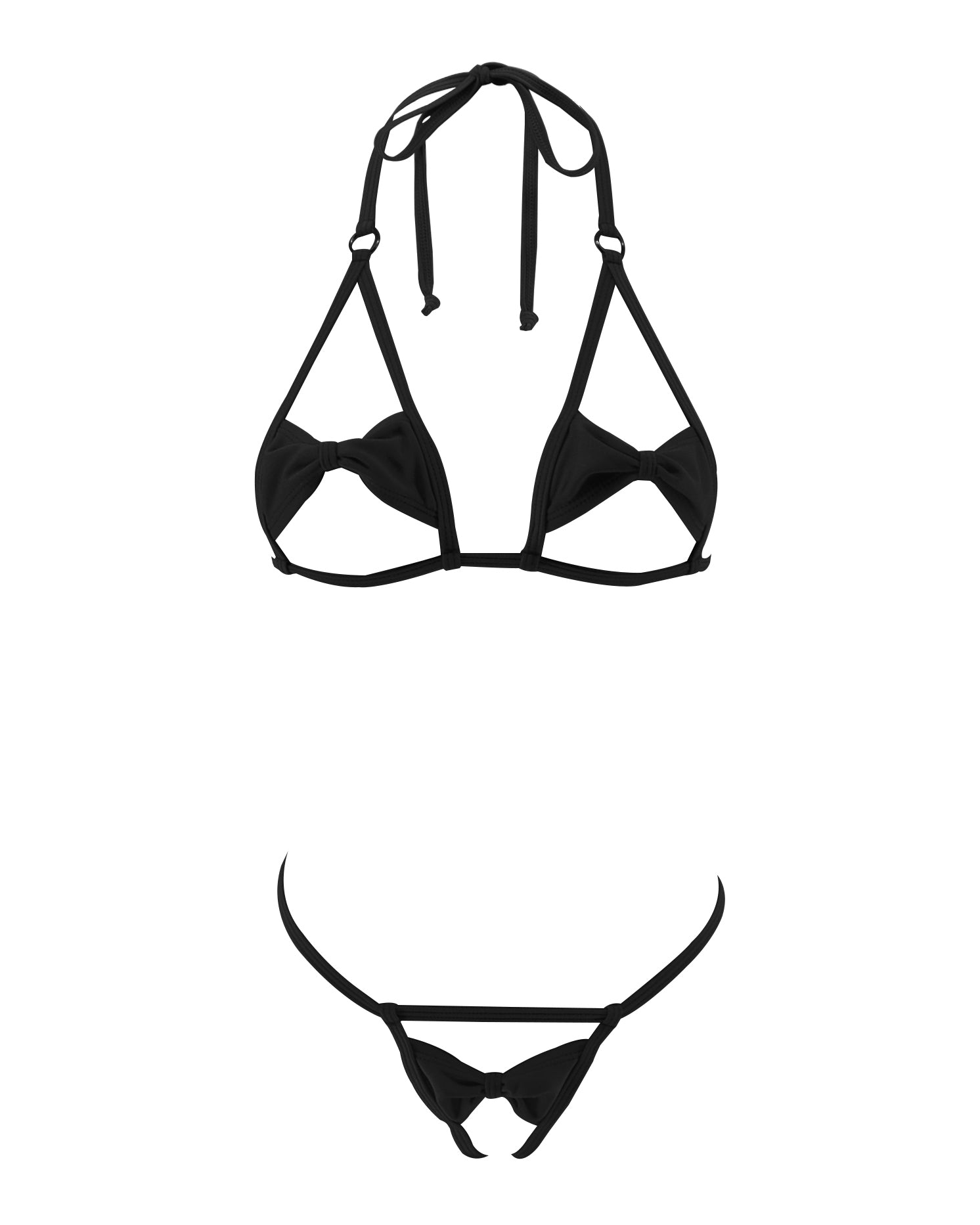 Black Bowknot Open Exposed Extreme Micro Bikini Crotchless G-String Thong 2pc