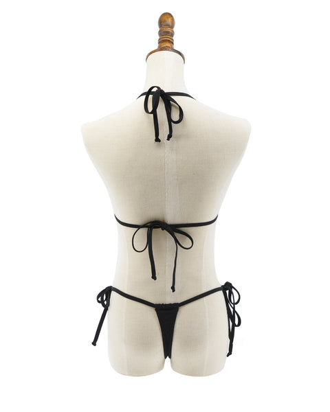 Black Side Tie String Thong Micro Bikini Set