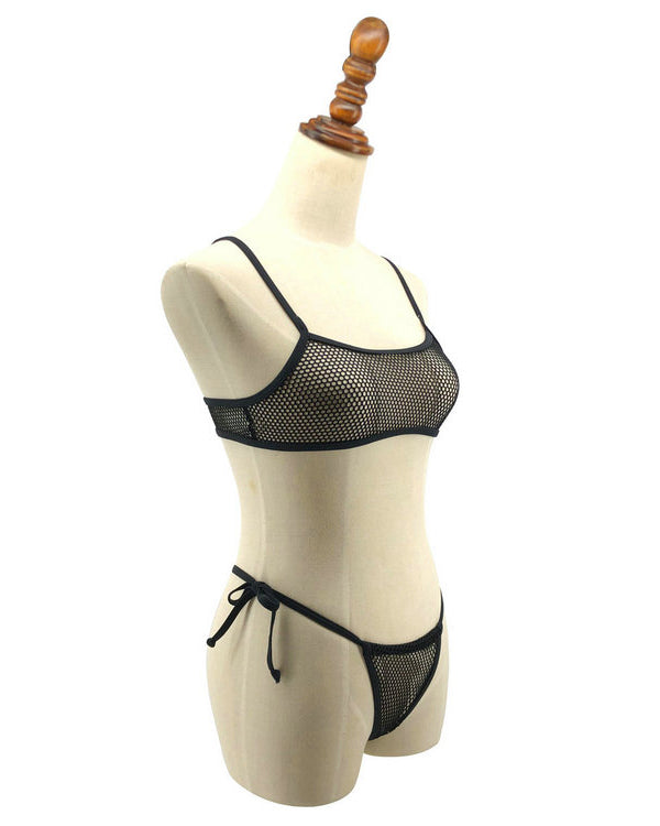 Black Mesh Micro Bikini Crop Top G String Bottom