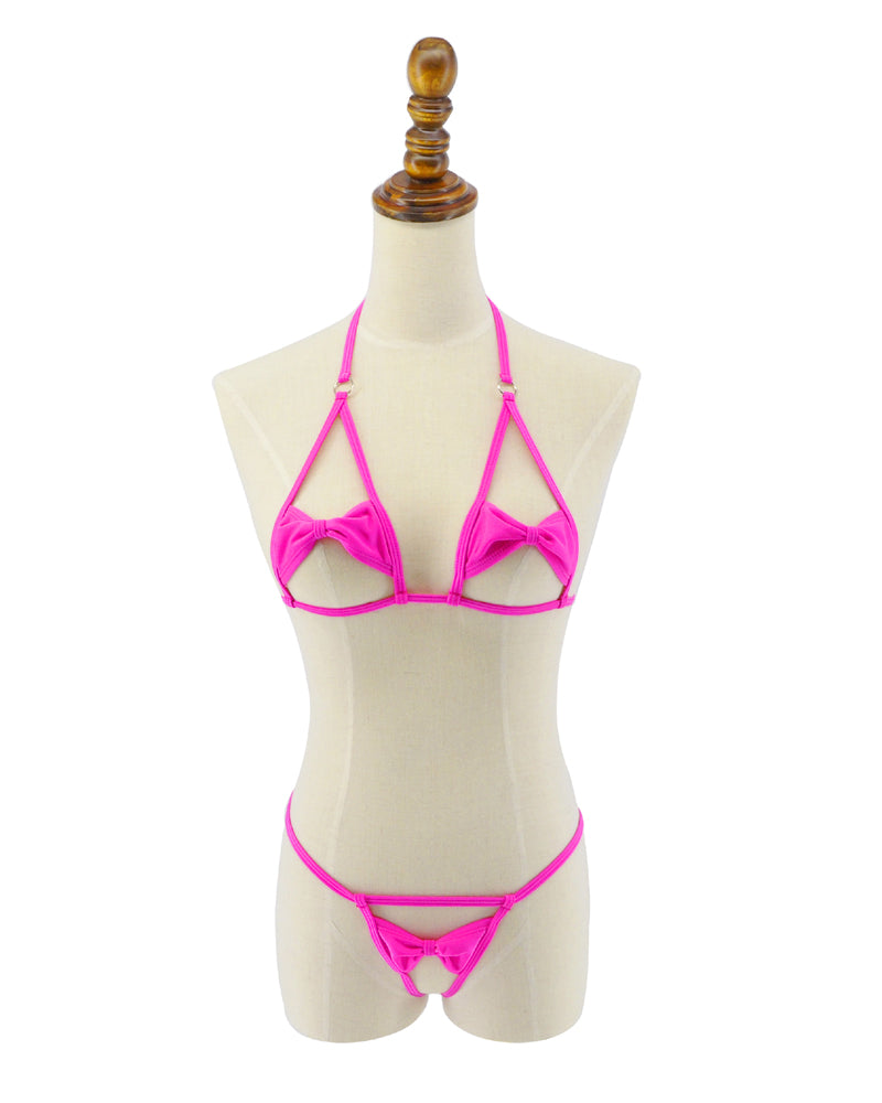 Fuchsia Bowknot Open Exposed Extreme Micro Bikini Crotchless G-String Thong 2pc
