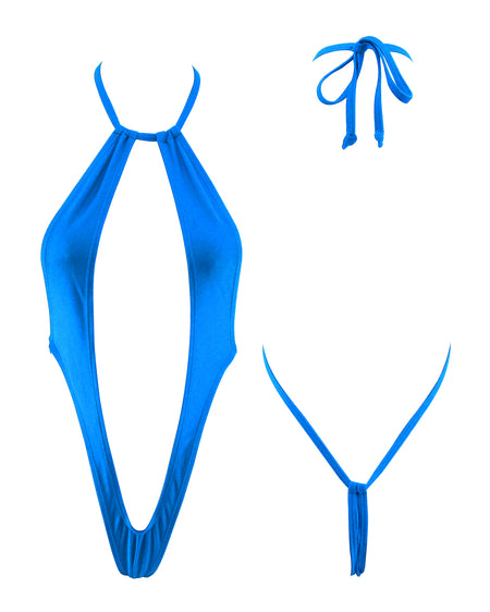 Extreme Blue High Neck G-String Thong Micro Bikini Set Exotic Teardrop Top Swim Costumi