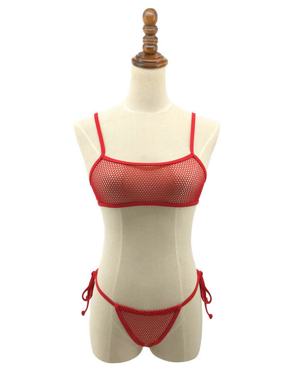 Red Fishnet Bikini Crop Top G String Bottom
