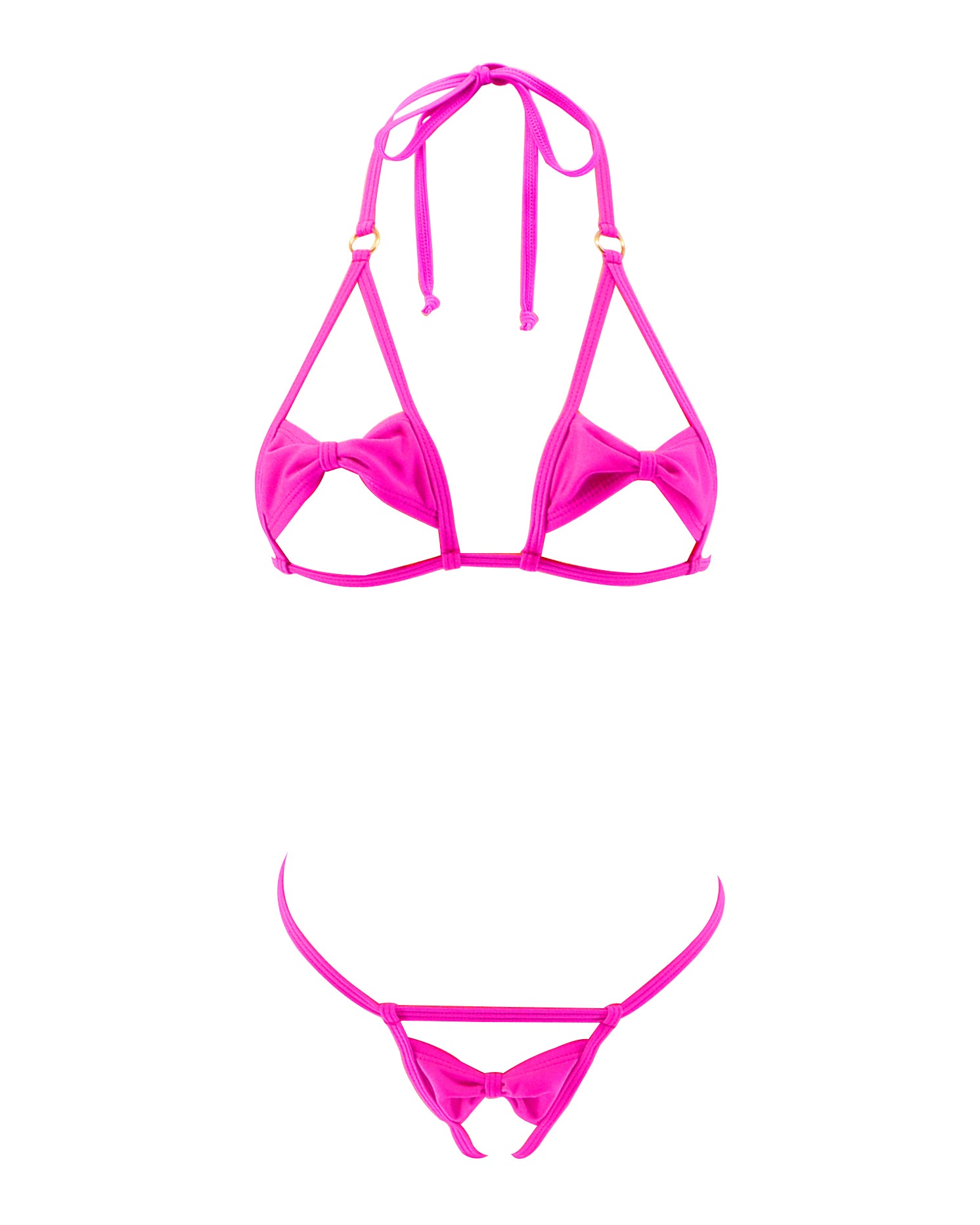 Fuchsia Bowknot Open Exposed Extreme Micro Bikini Crotchless G-String Thong 2pc