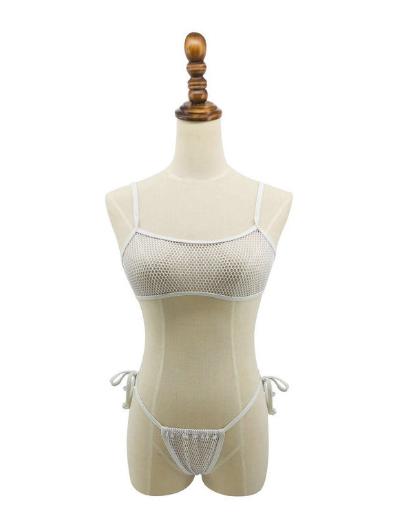 White Sheer Mesh  Micro Bikini Crop Top G String Bottom