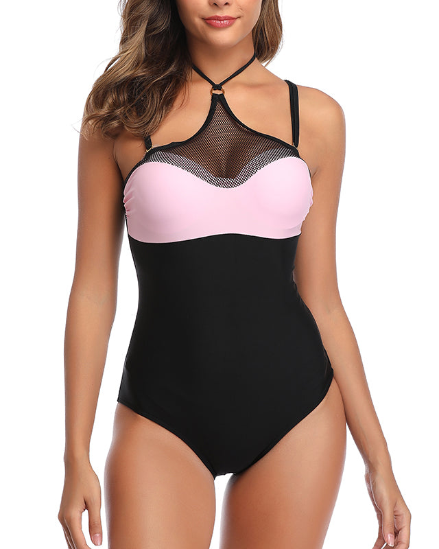 Black Pink High Neck One Piece Bathing Suits for Women Crop Monokini
