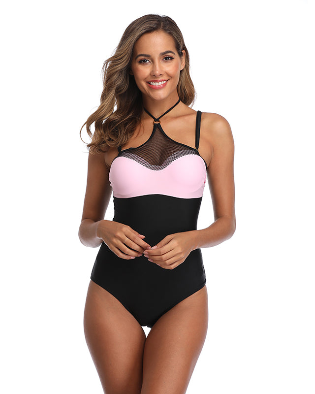 Black Pink High Neck One Piece Bathing Suits for Women Crop Monokini