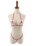 Solid White Red Peek a Boo Open Exposed Extreme Micro G-String Bikini 2pc Silver Rings