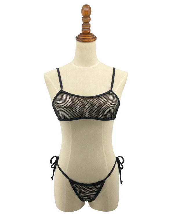 Black Mesh Micro Bikini Crop Top G String Bottom