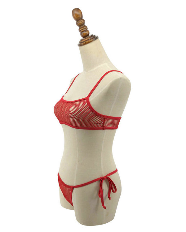 Red Fishnet Bikini Crop Top G String Bottom