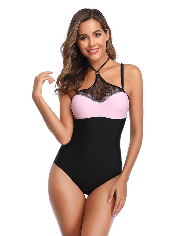 Black Pink High Neck One Piece Bathing Suits for Women Crop Monokini