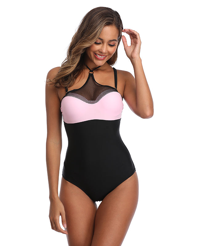 Black Pink High Neck One Piece Bathing Suits for Women Crop Monokini